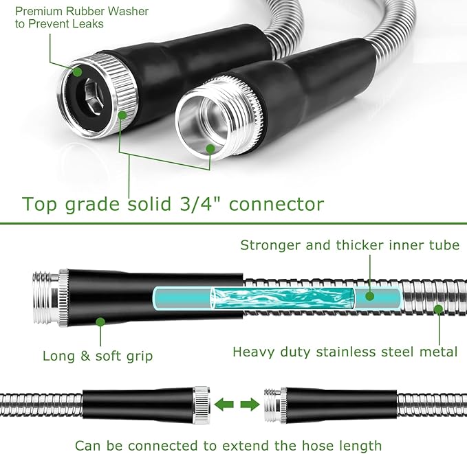 Metal Hose 50 FT, Garden Hose with 10 Function Sprayer Nozzle & Adjustable Nozzle, Garden Hose Rust Proof Kink Free & Tangle Free Flexible for Lawn, Car, RV, and Outdoor Watering