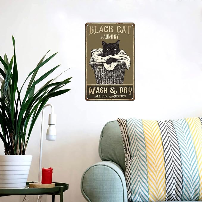 Vintage Cat Tin Signs Black Cat Launday Wash & Dry All Fur Varieties Metal Sign Wall Decor for Bathroom Toilet Home Cafe Bar 12×8 Inch