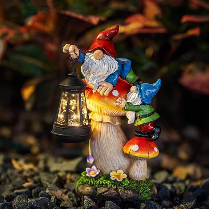 C&Y&G&X Solar Garden Gnome Statue, Waterproof Outdoor Mushroom Decor with Solar Lantern LED Lights, Resin Garden Gnome Yard Art for Lawn Patio Porch, Gifts for Mom Grandma Garden Lovers