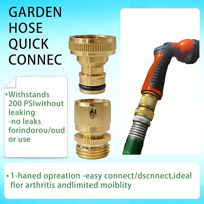 3/4 Inch GHT Solid Brass Garden Hose Quick Connect Fittings, Water Hose Connectors with Leak-Proof Seal for Outdoor Gardening and Cleaning Use (3, Gold)