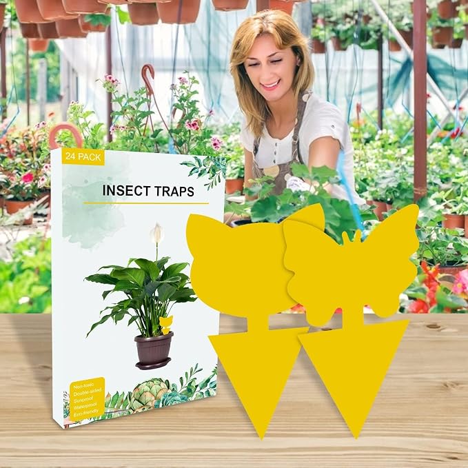 Dual-Sided Yellow Sticky Traps for Insect Monitoring – 24 Pack Plant Sticky Cards for Fungus Gnats, Whiteflies & Aphids, Non-Toxic IPM Traps for Indoor & Outdoor Plants