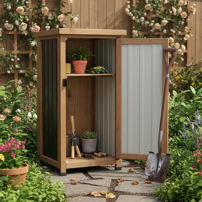 Outdoor Storage Cabinet Waterproof with Metal Top, Multi-Purpose Wood & Metal Potting Bench Tool Organizer with Adjustable Shelf, Garden Storage Box for Patio Backyard