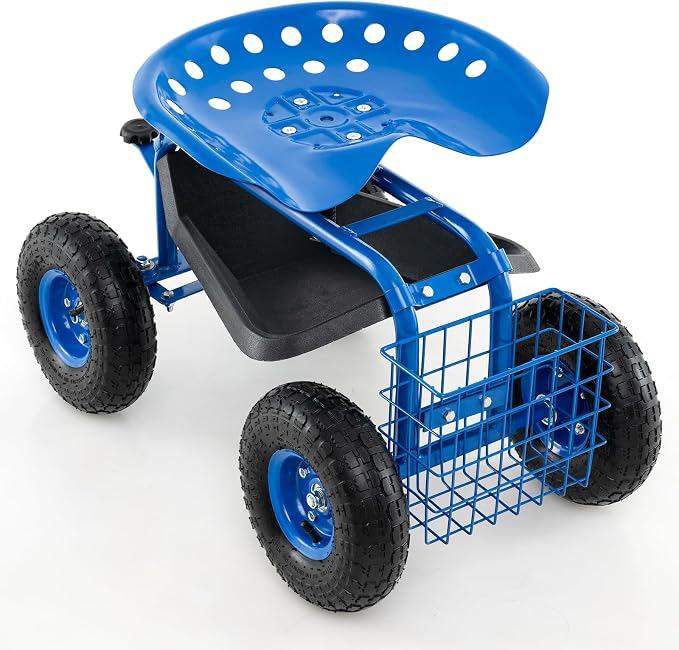 IRONMAX Garden Cart with Seat, Gardening Rolling Stool Scooter with 10’’ All-Terrain Wheels, Convenient Pull Handle & Tool Tray and Basket for Outdoor Planting (Blue)