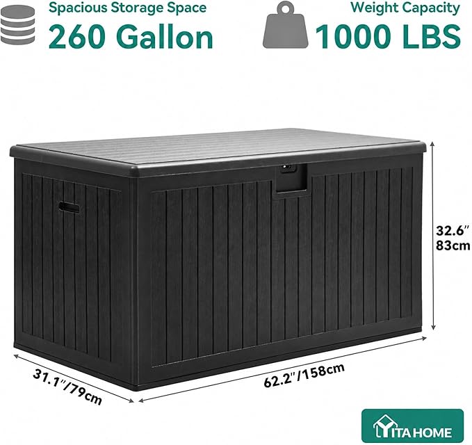 YITAHOME 260 Gallon Double-Wall Deck Box with Divider & Side Handles, Outdoor Large Storage for Patio Furniture Cushions, Garden Pool Accessories, Water Resistant & Lockable