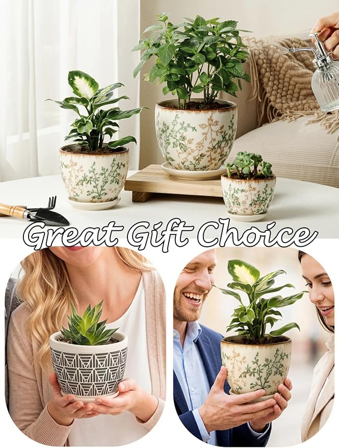 Ceramic Plant Pots, Nursery Pots with Drainage Hole, 3.5 Inch Succulent Pots for Plants, Small Indoor Flower Pots, Modern Decorative Planters for House Plants, Garden Planters, White Green