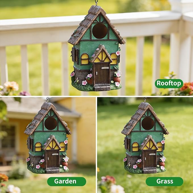 Bird Houses for Outside Rustic Cottage Thatch Roof Birdhouse with Flowers – Hand-Painted Resin Birdhouses for Outdoors for Bluebird Finches Cardinals Bird Nesting Garden, Patio, Yard