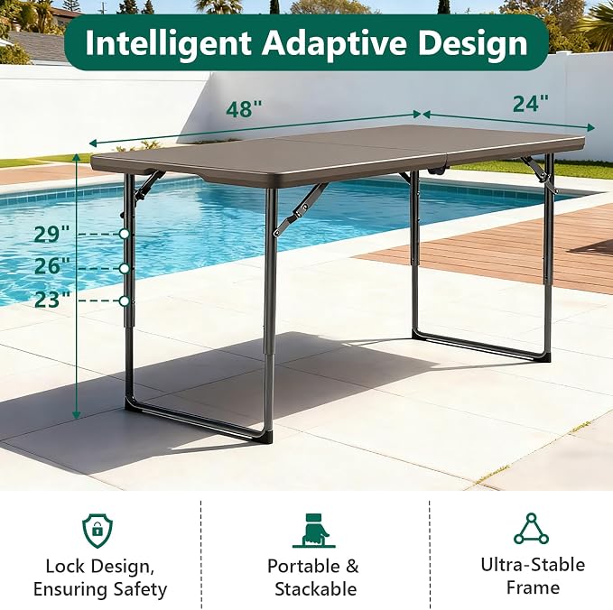 Folding Table 48" x 24" - Heavy Duty Fold-in-Half Plastic Table with Adjustable Height, Portable Utility Tables with Steel Legs for Indoor, Outdoor, Picnic, Camping, Dining, Party (Khaki)