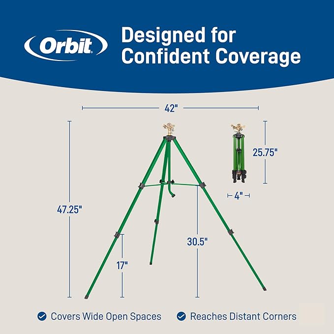 Orbit Tripod Lawn Zinc Impact Sprinkler - 360 Degree Rotating Yard Sprinkler with Adjustable Height - Heavy-Duty Zinc - High-Pressure Nozzle - for Large Lawn Coverage - 56667