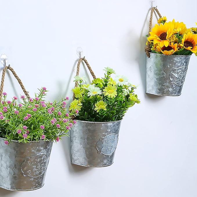 XONOR 4Pcs Galvanized Metal Hanging Wall Planter, Rustic Wall Flower Vase for Succulents Herbs Country Home Farmhouse Decoration (1)