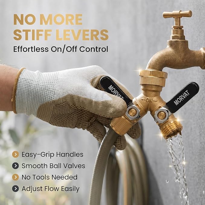 Morvat Brass 2-Way Y Splitter LEAD-FREE, Heavy-Duty Garden Hose Connector with Extra Long Butterfly Comfort Grip ON/OFF Valves, Adapter for Water Faucet & Spigot, Extra 10 Washers Teflon Tape (2-Pack)