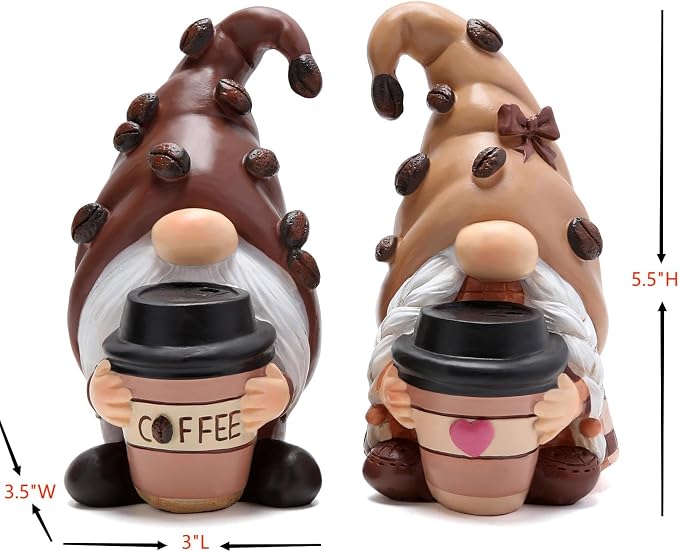 Hodao Coffee Gnome Figurines - Hand-Painted Resin Indoor Decor, Set of 2 Cute Cafe Bar Decorations, Perfect Shelves, Tiered Trays Ornaments, Ideal Gift for Coffee Lovers and Housewarming