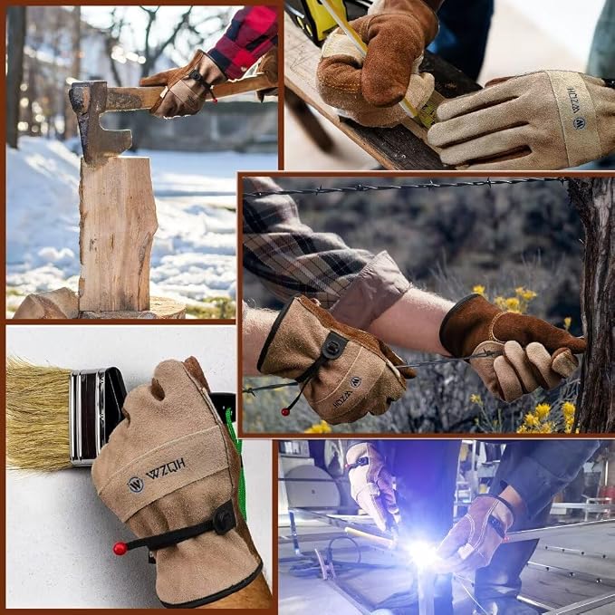 WZQH Leather Work Gloves for Men or Women. XX-Large Glove for Gardening, Tig/Mig Welding, Construction, Chainsaw, Farm, Ranch etc. Cowhide, Cotton Lined, Utility, Firm Grip, Durable. Coffee-grey 2XL