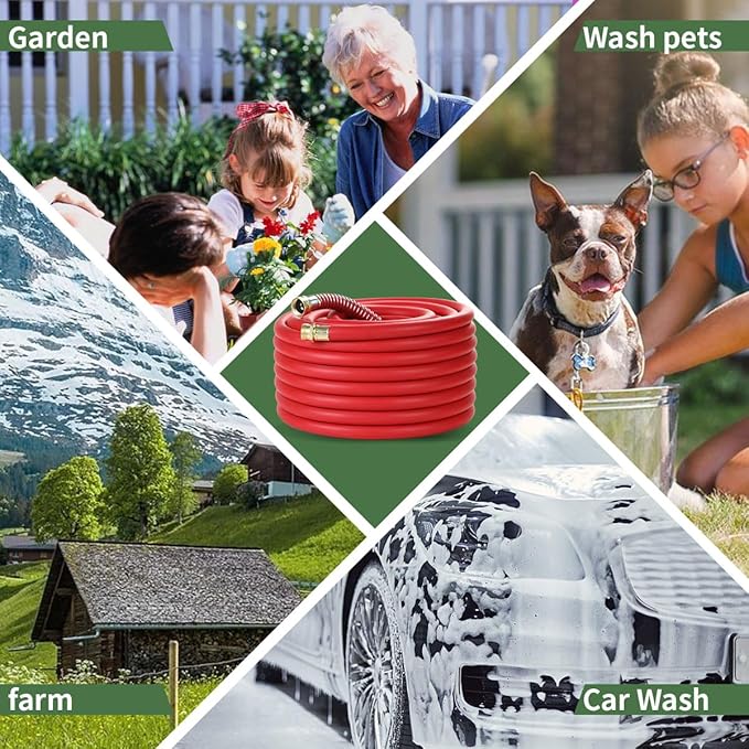 Guitrees 75FT 5/8 Heavy Duty Rubber Garden Hose - 300psi Working, 1000psi Burst - Hot/Cold Water - Five-Layered Braiding for Durability - Versatile for Gardening, Agriculture, Construction(Red)