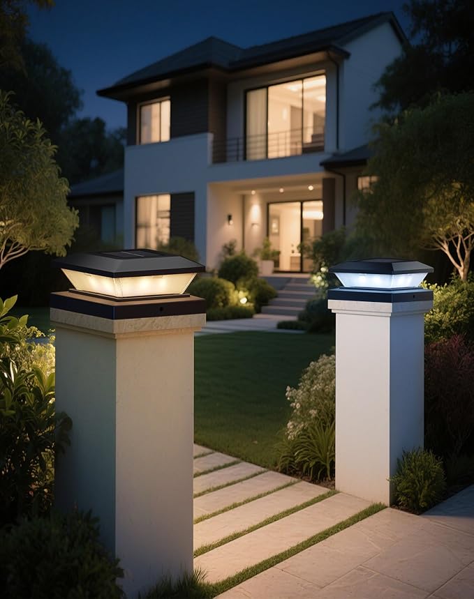 4x4-Solar-Post-Cap-Lights-Outdoor 8 Pack Solar Powered Fence Post Lights 3 Lighting Modes Deck Postcap Light for 3.5x3.5 4x4 Wood/Vinyl Posts LED Waterproof Garden Patio Porch Posts Lighting Black