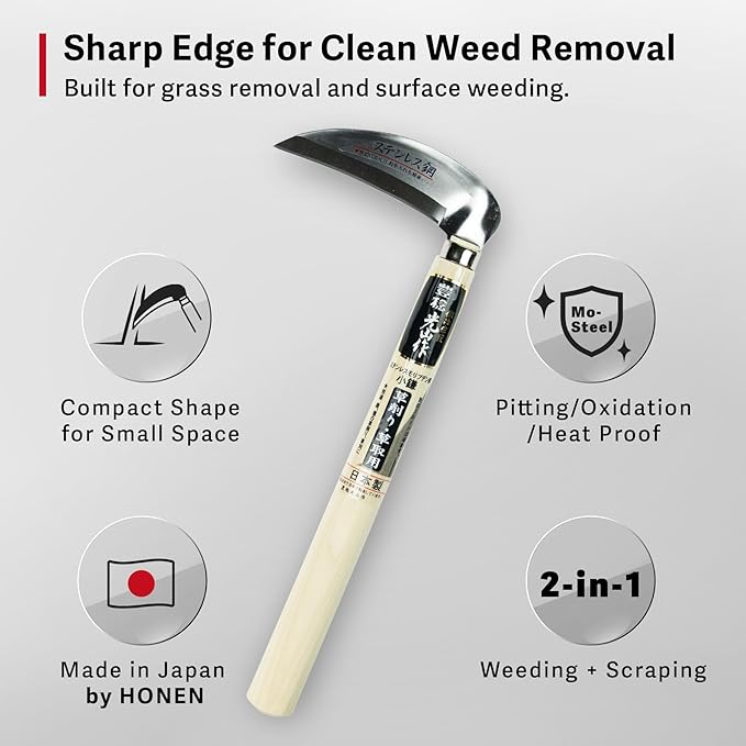 Japanese Stainless Weeding Sickle, HOUNEN Molybdenum Steel Garden Tool for Weed Removal, Scraping and Rust Resistant Outdoor Use