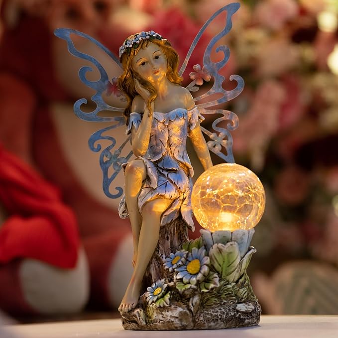 Suyorpe Garden Fairy Statues Solar Outdoor Decor - Fairy Garden Accessories, Fairies Figurine for Outside Gifts,Resin Ornaments for Patio Yard Lawn