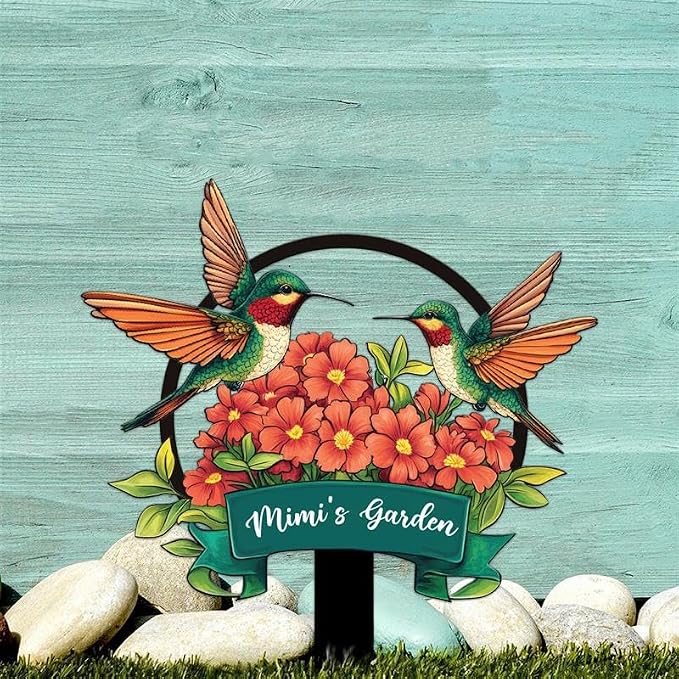 Personalized Metal Yard Sign for Mother's Day, Bird & Flower Design, Gift for Garden Lovers, Metal Sign, Garden Decor (Hummingbird)