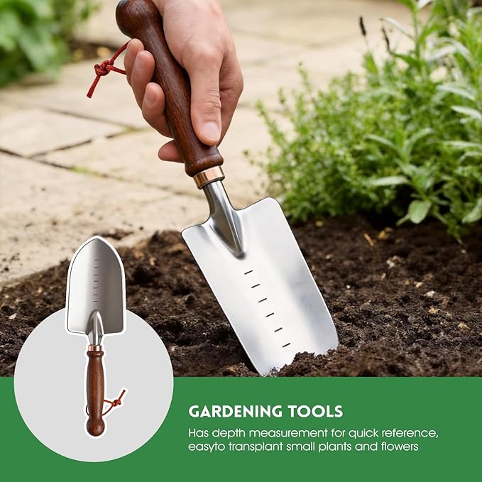 Garden Tools, 4 Pack Garden Shovel with Wooden Handles Hand Tools with Transplanting Hand Shovel, Rake and Root Picker Ideal for Digging and Planting