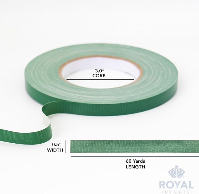 Royal Imports Floral Tape Green, Flower Stem Wrap Adhesive Waterproof Florist Tape for Decorative Bouquets Arranging and Crafts - 0.5" (60 Yd/180Ft) - 1 Roll