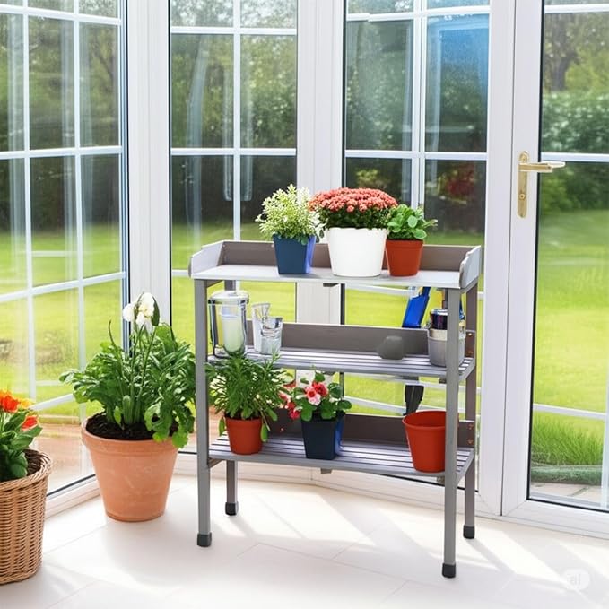 Outdoor Garden Potting Bench Table, Fir Wood & Metal Top Gardening Workstation with 2 Shelves, Water-Resistant Surface, 30.5" x 14.6" x 35.5",Gray