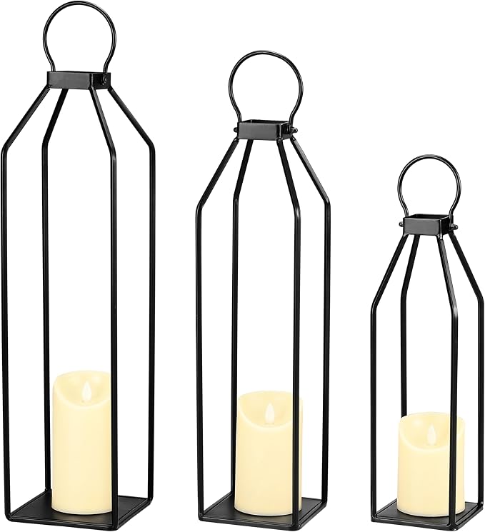 Perfnique Modern Farmhouse Lanterns, Set of 3 Black Metal Lanterns w/ 6hr Timer Flickering Flameless Candles, Decorative for Outdoor Decor, Front Porch, Indoor, Patio, Garden, Fireplace, Christmas