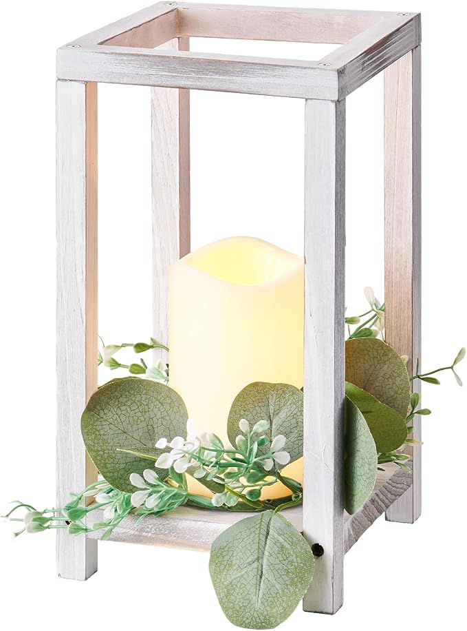 VEVOR 12 Set/36 Pcs Wooden Wedding Lantern Centerpiece, Includes 12 Wooden Lantern Candle Holder 12 Flameless LED Candle 12 Eucalyptus Leaves Wreath for Wedding Table Party Farmhouse Decor, White