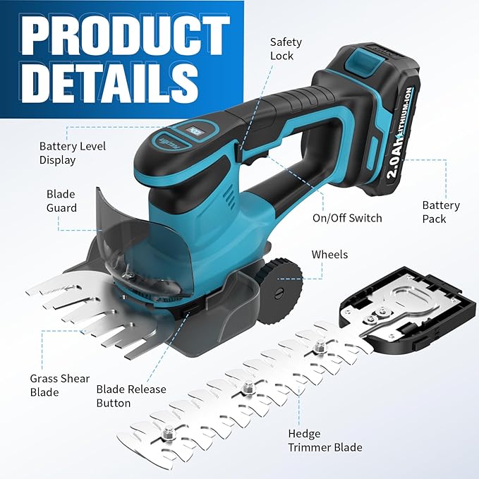 FULLYEA Electric Hedge Trimmer Cordless, 2-in-1 Shrub Trimmer & Grass Shear, Lightweight Bush Trimmer with 2 Blades & 2 * 2.0Ah Batteries, Handheld Grass Trimmer, Battery Powered Hedge Cutter (Blue)