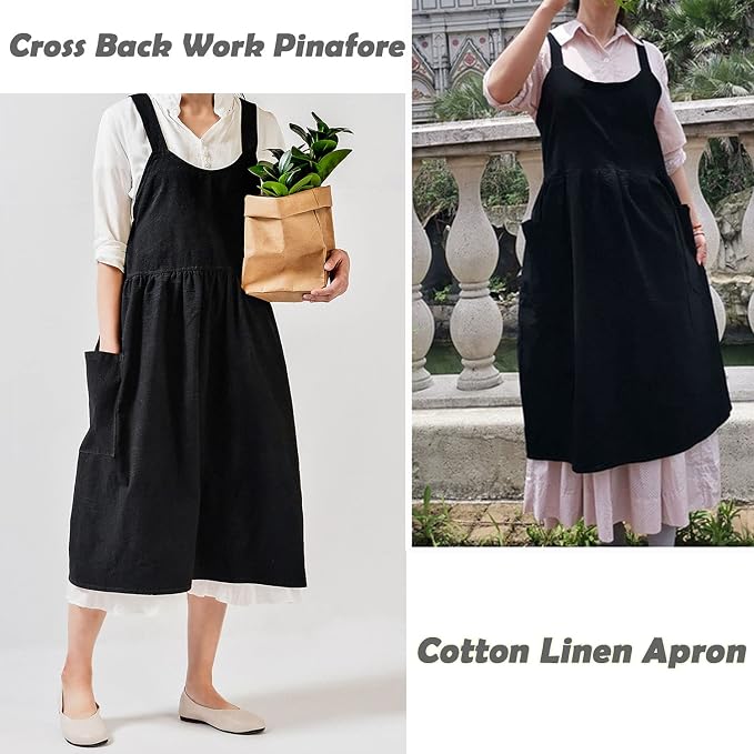 Uaussi Cotton Linen Apron Cross Back Work Apron for Women with Pockets Pinafore Dress X Cross Halter Apron for Chef Gardening