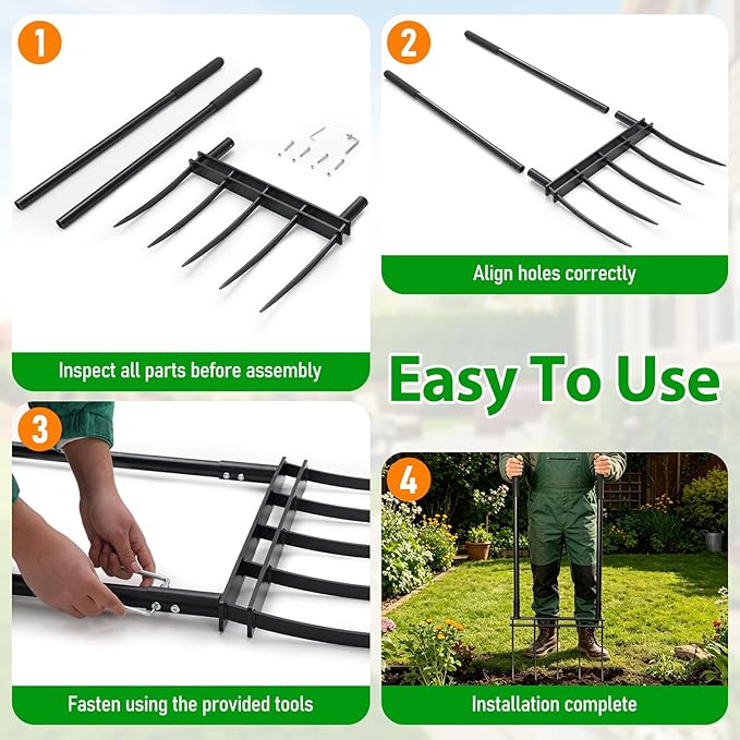 Broadfork, 12" Long 5-Tine Broadfork Gardening Tool for Gardening Cultivation Composting Transplanting Digging Farm Crushing Soil Aeration Garden Fork for Loosening Soil