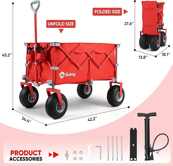 Sekey Heavy Duty Beach Wagon with 9" Big Sand-Proof Wheels โ 600lb Capacity, 200L Oversized Foldable Cart | Adjustable Handle & All-Terrain Tires for Sand, Camping, Groceries