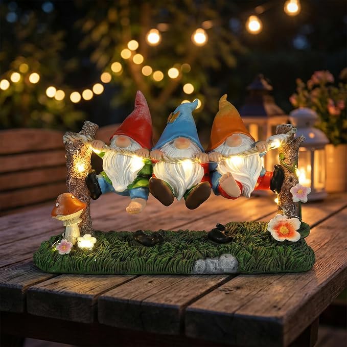 Garden Gnome Statue, Solar Swing Gnomes Figurine with Flowers and Mushrooms, Waterproof Resin Outdoor Decor for Patio Lawn Yard Home Tabletop Decoration