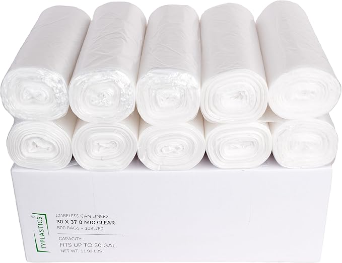 TYPLASTICS 20-30 Gallon Clear Trash Bags 30" x 37" High Density Can Liners Case of 500 for Office, Outdoor, Recycling, Industrial and Commercial
