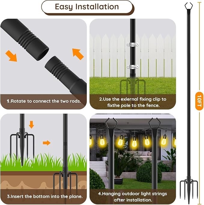 AILBTON 2 Pack 10Ft Exterior Light Poles, Heavy-Duty Metal Outdoor String Light Posts with Mounting Brackets, Ideal for Garden, Backyard, Terrace and Yard Lighting Decor