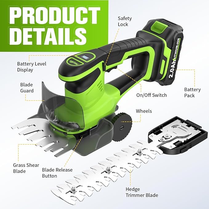 FULLYEA Cordless Hedge Trimmer, 2-in-1 Electric Bush Trimmer & Grass Shear, Lightweight Hedge Cutter with 2 * 2.0Ah Batteries & Charger, Battery Powered Grass Trimmer, Handheld Shrub Trimmer (Green)
