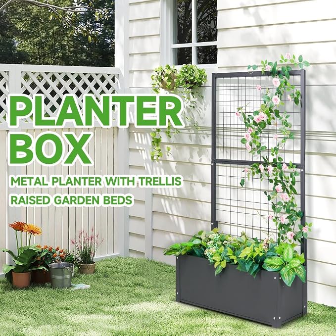 Garden Bed with Trellis Outdoor, Metal, 59in Tall | Metal Frame, 59in Tall Trellis for Climbing Plants, 12in Deep Planter, Drainage Holes, Privacy Screen, Garden Bed for Patio