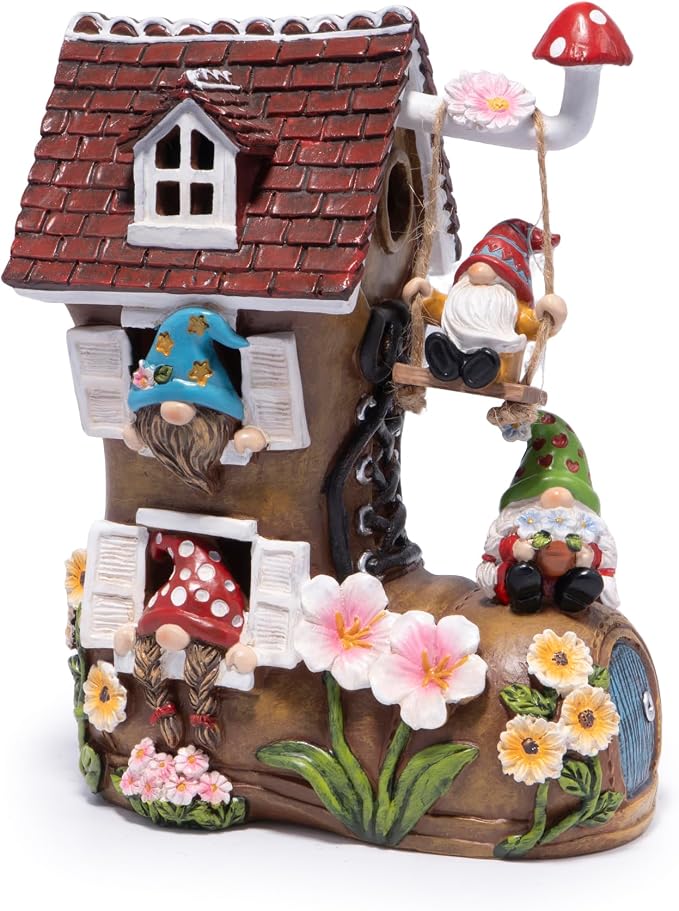 basen Solar Gnome Garden Statue with Boot House, Resin Outdoor Fairy Garden Decor with LED Lights, Waterproof Yard Ornament for Patio Lawn Backyard, Charming Gnome Figurine with Mushroom Swing