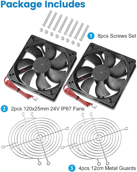 GDSTIME 120mm x 25mm Waterproof Fan, 24V DC IP67 Rating High Speed Dual Ball Bearing Brushless Computer Case Cooling Fans 2-Pin for RV Fridge, DIY Ventilation Exhaust Projects, 2-Pack