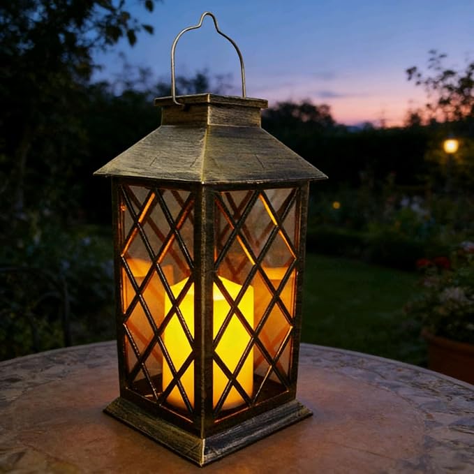 Solar Garden Lanterns Hanging Outdoor Lantern Waterproof LED Flickering Flameless Candle Mission Lights for Table,Outdoor,Mothers Day Gifts Mom Wife (2pack)