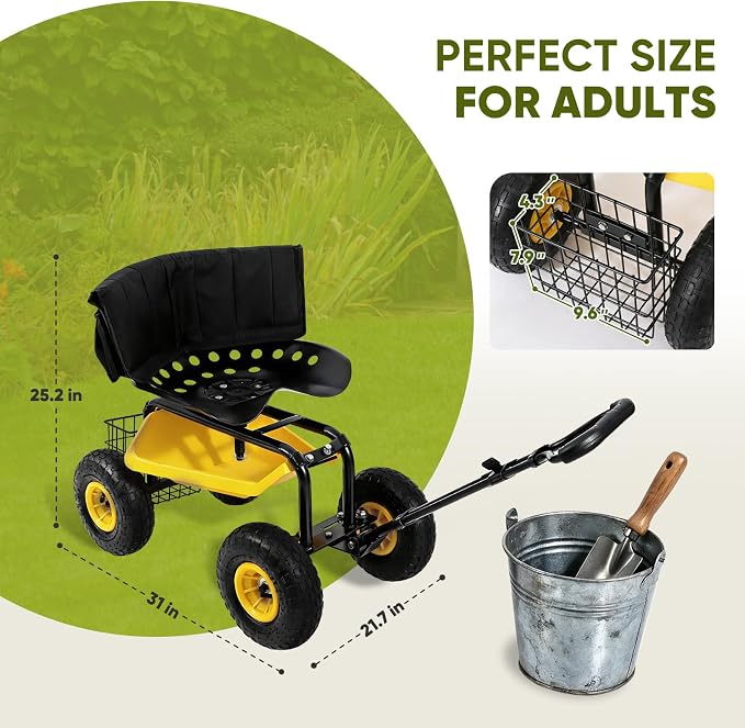 Sekey Garden Cart Rolling Workseat with Backsupport & 360ยฐ Swivel Seat, Heavy Duty Garden Scooter with Adjustable Height, Tool Tray, All-Terrain Wheels, 440 lbs Capacity for Seniors & Gardeners