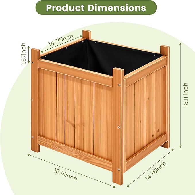 Set of 2 Wooden Planter Boxes Outdoor, 16.1" Square Fir Wood Flower Planters with Liner, Drainage Holes & Removable Bottom Board, Natural Wood Outdoor Bucket Planter for Patio Porch Yard Garden