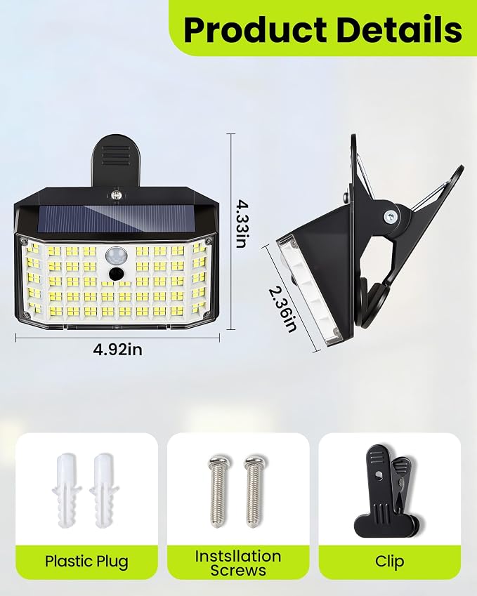 Clip on Solar Lights Outdoor with Motion Sensor, 600LM 176LED Solar Fence Lights Outdoor Waterproof, 3 Modes & Portable Security Lights for Chain Link Patio Deck Yard Garage(4Pack)