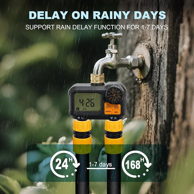 ANDOLL HOME Water Timer for Garden Hose - 2 Zone Timed Sprinkler with Rain Delay/Manual Watering/Automatic Irrigation Programmable Faucet Timer for Yard Lawn (1, Matte-Black)