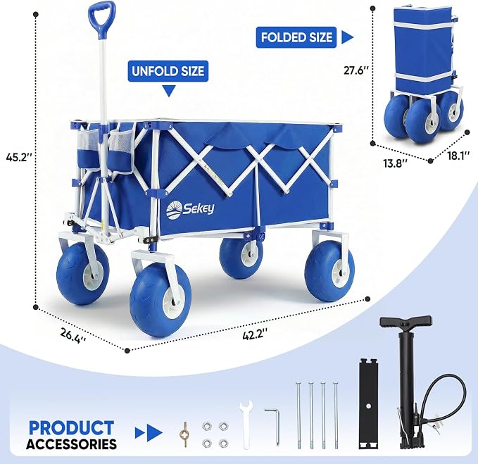 Sekey Heavy Duty Beach Wagon with 9" Big Sand-Proof Wheels โ 600lb Capacity, 200L Oversized Foldable Cart | Adjustable Handle & All-Terrain Tires for Sand, Camping