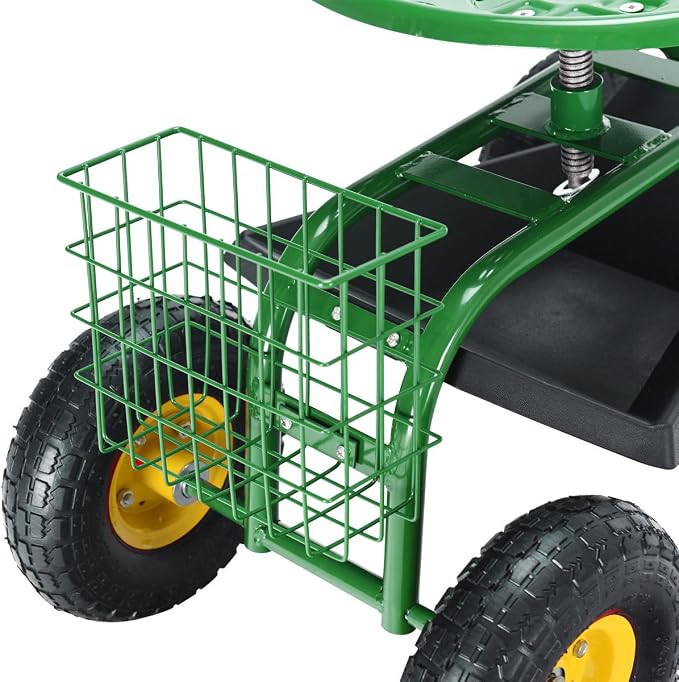 Giantex Rolling Garden Work Seat, 360 Swivel Gardening Workseat with Wheels, Tool Basket, Adjustable Height, Outdoor Scooter for Sitting, Gardening Stool Chair for Planting Trimming, Green