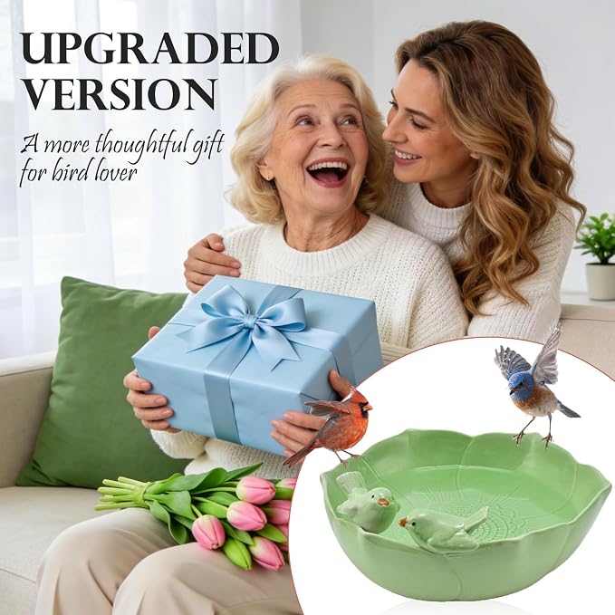 Ceramic Bird Bath for Outdoors, 10.1” Glazed Ceramic Bird Baths Bowls and Feeders for Outside, UV/Frost-Resistant Finish Ground Garden Table Top Bird Baths Decor for Patio Yard Home Green