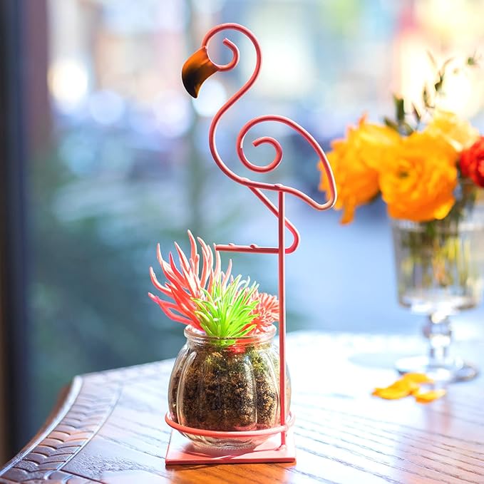Desktop Glass Planter Vase Holder, esktop Glass Planter Hydroponics Vase,Metal Flamingo Plant Terrarium, Stand for Plants Creative Decorations for Home Patio Lawn Garden