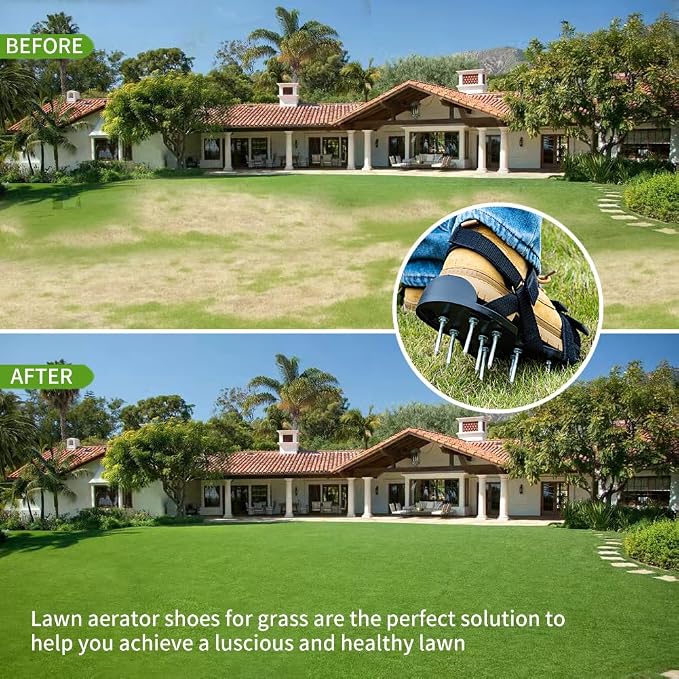 Lawn Aerator Shoes Pre-Assembled, Heavy Duty Lawn Spike Shoes with Adjustable Straps, Soil Aerating Tools for Yard Patio Garden, Includes Cleaning Shovel, Restores Lawn Health (Black)