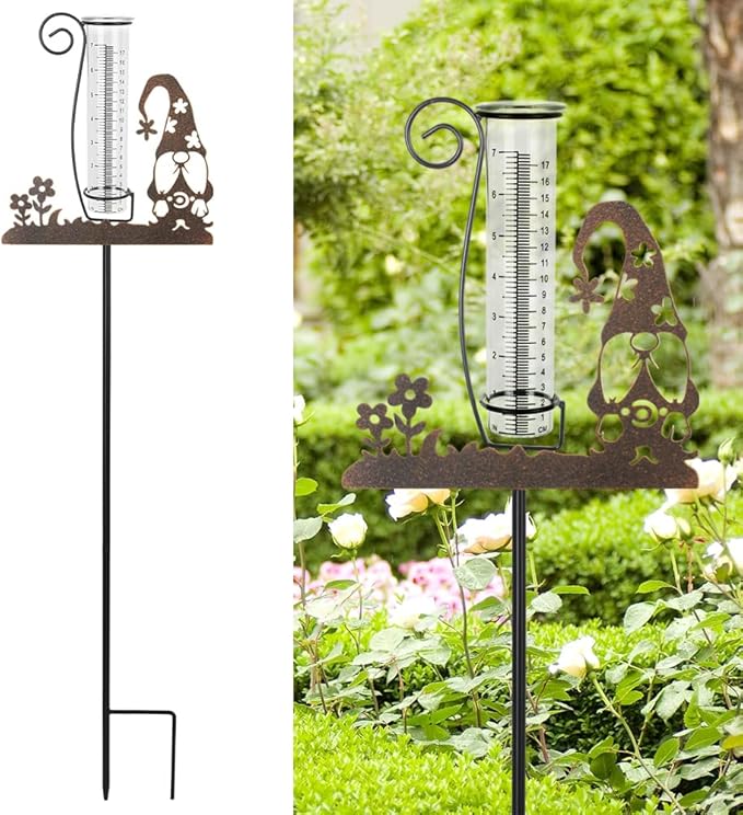 Rain Gauge Outdoor, Gnome Rain Gauges for Yard, Freeze Proof Rain Gauge with 7" Glass Tube, Metal Decorative Garden Stake for Measuring Precipitation