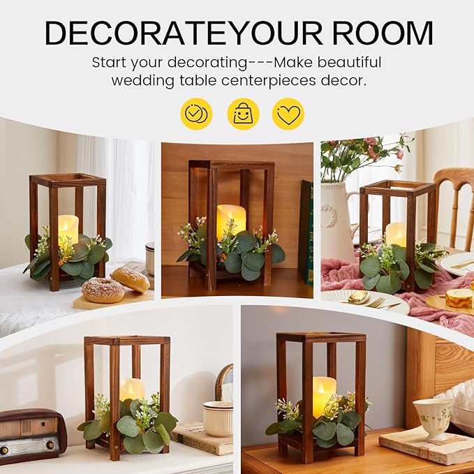 60 Pcs/20 Set Wooden Wedding Lantern Centerpiece-Wooden Candle Lantern Bulk Includes 20 Farmhouse Wooden Candle Holder 20 Flameless LED Candles 20 Eucalyptus Leaves Wreath for Decoration