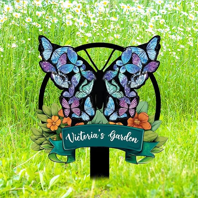 Personalized Metal Yard Sign, Custom Metal Stake Decor, Butterfly & Flower Design, Gift for Garden Lovers, Garden Decor (Butterfly & Flower)
